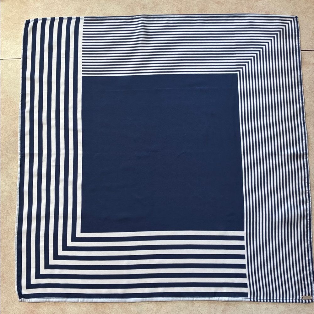 Loronere Square Scarf In Navy And White With A Striped, Geometric Pattern